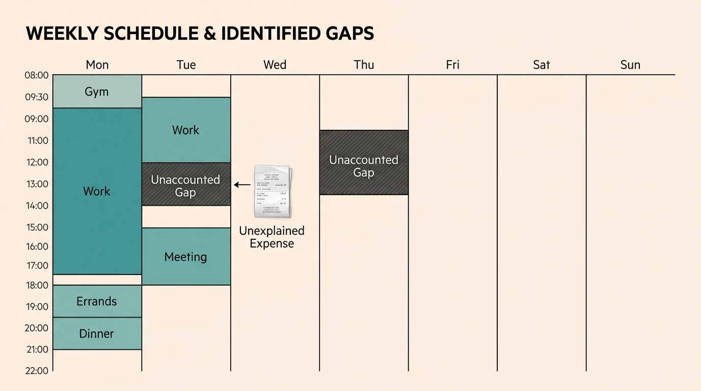 A clean weekly calendar diagram showing a prominent gray block labeled 'Unaccounted Gap' and a receipt callout.