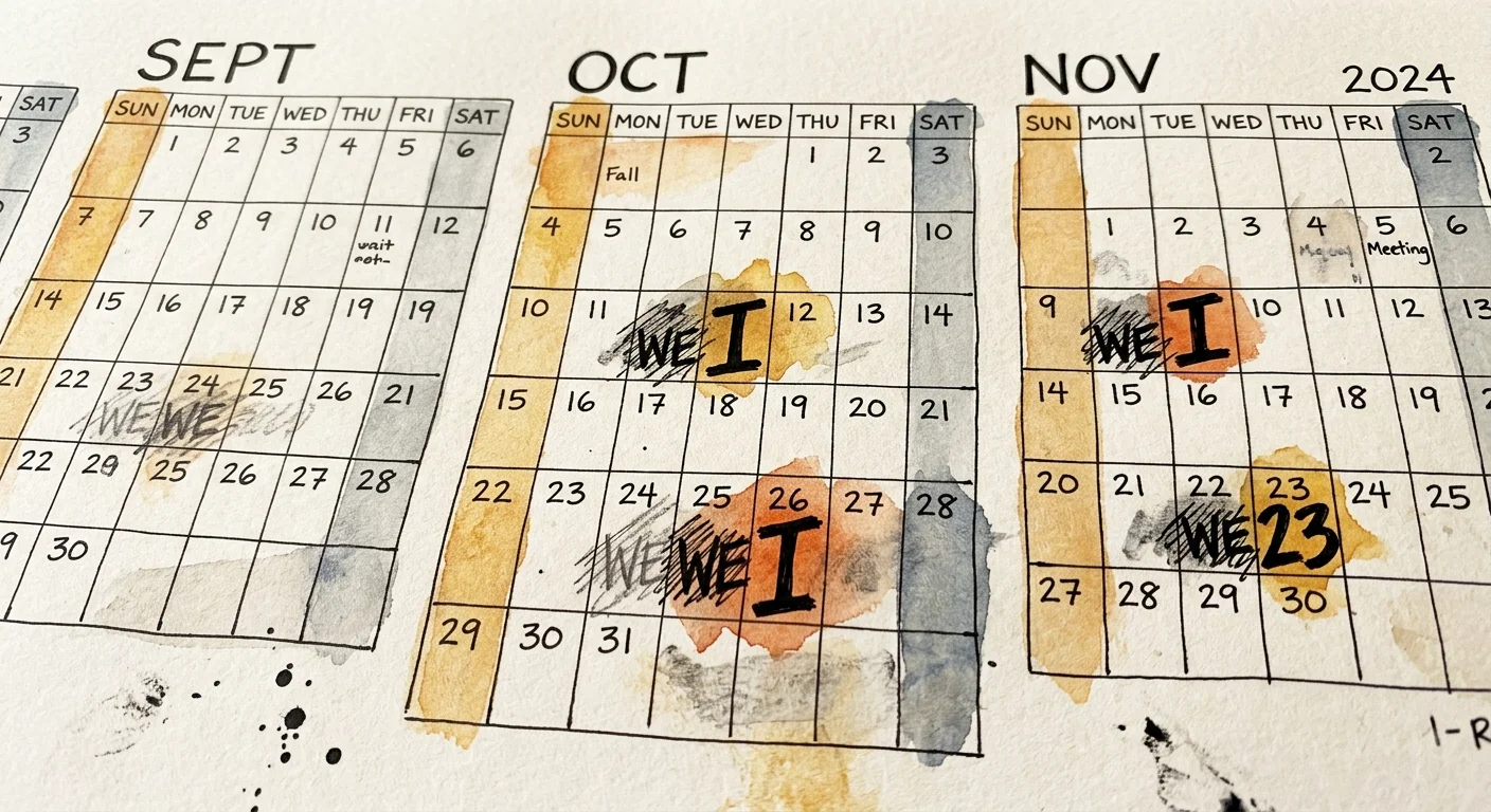 A close-up of a calendar where future dates have the word 'WE' crossed out and replaced with 'I'.