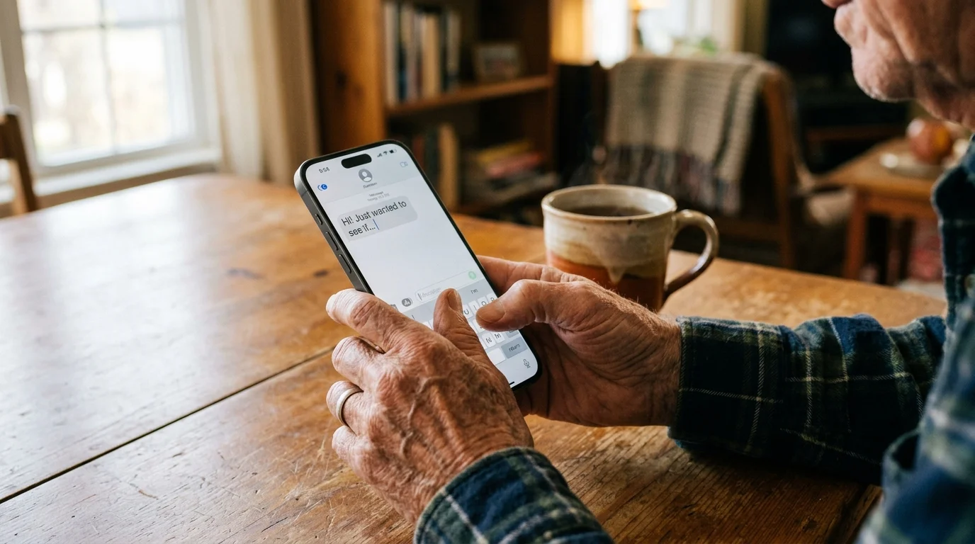 A close-up of a senior's hands holding a smartphone, endlessly editing a text message.