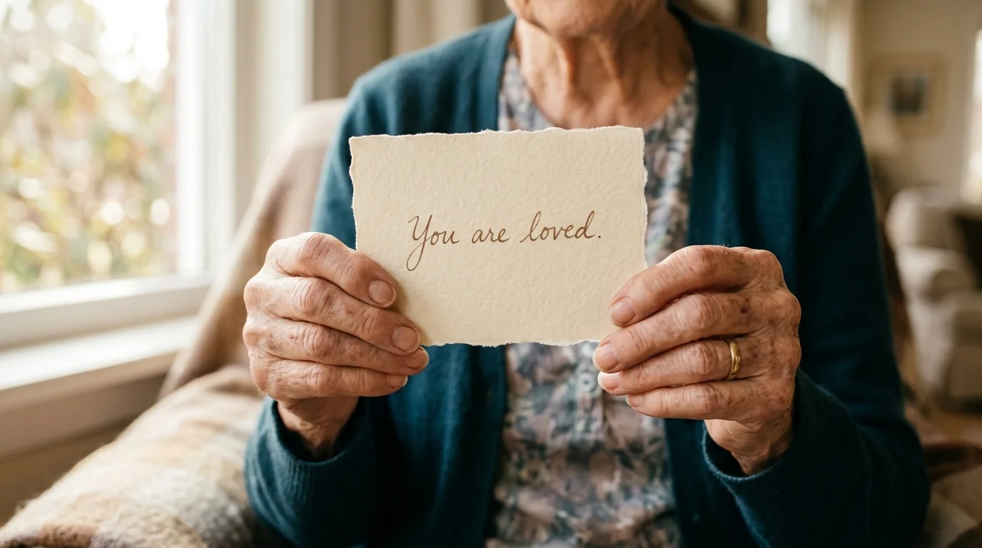 A close-up of an older woman's hands hesitantly holding a card that says 'You are loved.'