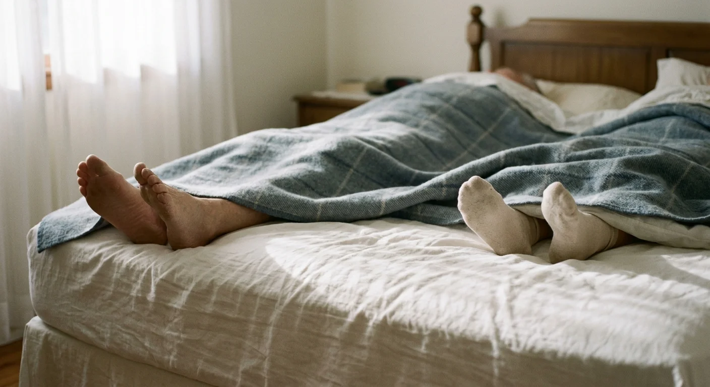 A close-up of an unmade bed showing two pairs of feet under a blanket, positioned far apart from each other.