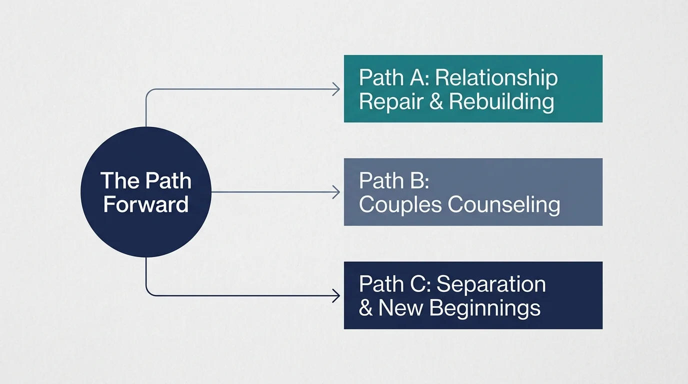 A horizontal decision-tree diagram splitting 'The Path Forward' into three options: Repair, Counseling, and Separation.