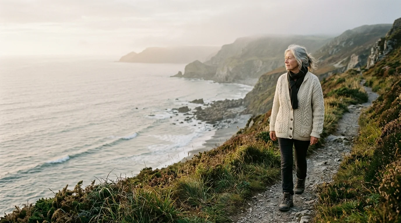 A reflective older woman wrapped in a warm cardigan walking along a peaceful, misty shoreline during late afternoon.