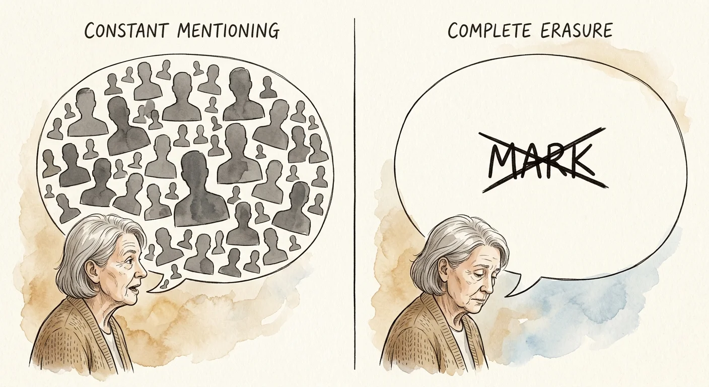 A two-panel illustration showing speech bubbles: one packed with repeating silhouettes, the other empty with a crossed-out name.