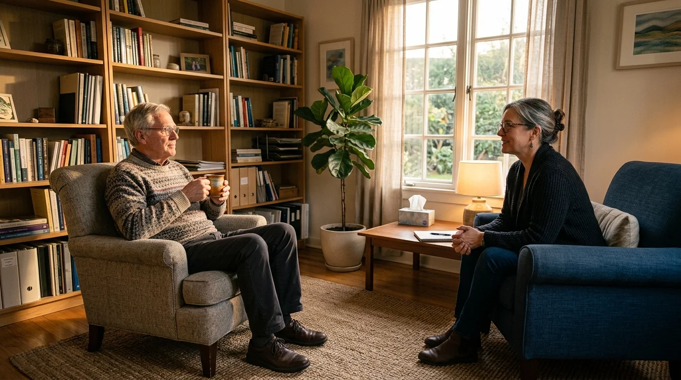 A warm, sunlit therapist's office where an older man and a counselor sit in comfortable chairs having a conversation.