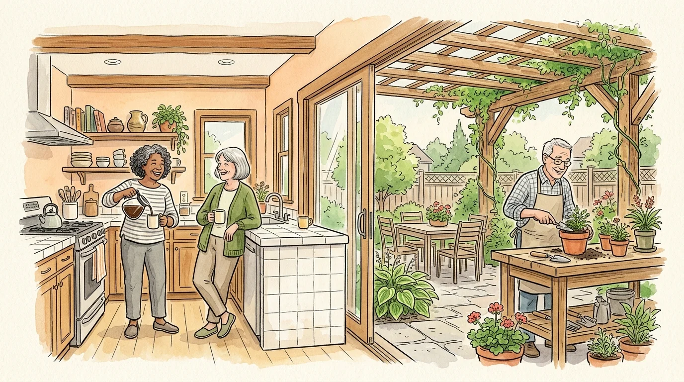 A warm watercolor cross-section illustration of a co-housing home, showing residents enjoying coffee in the kitchen and gardening on the pat
