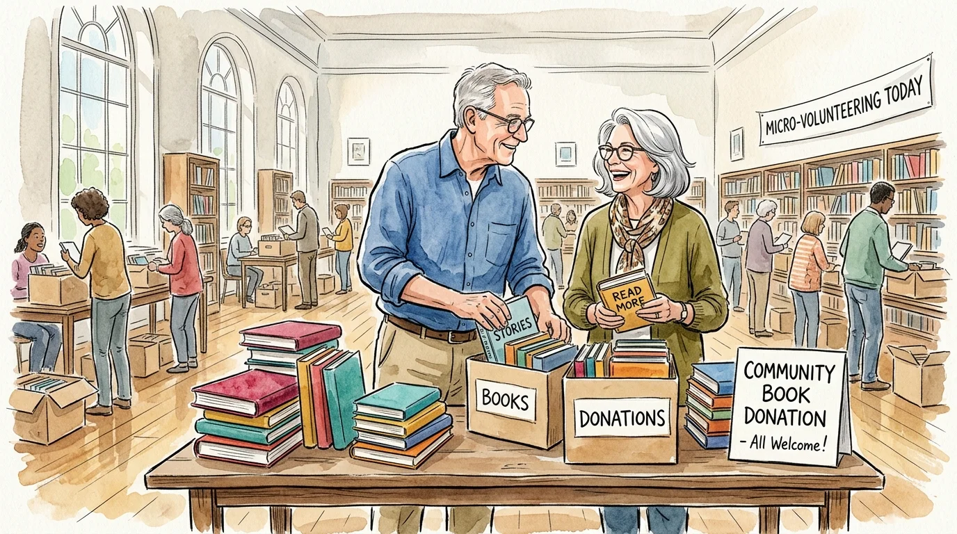 A warm watercolor illustration of two older volunteers happily organizing books into boxes at a bright community book drive.