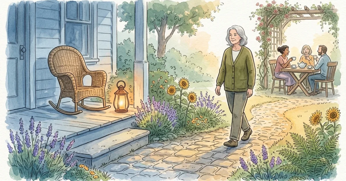 An editorial watercolor illustration of a mature woman walking along a sunlit garden path from a quiet porch toward a small group of friends