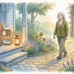 An editorial watercolor illustration of a mature woman walking along a sunlit garden path from a quiet porch toward a small group of friends