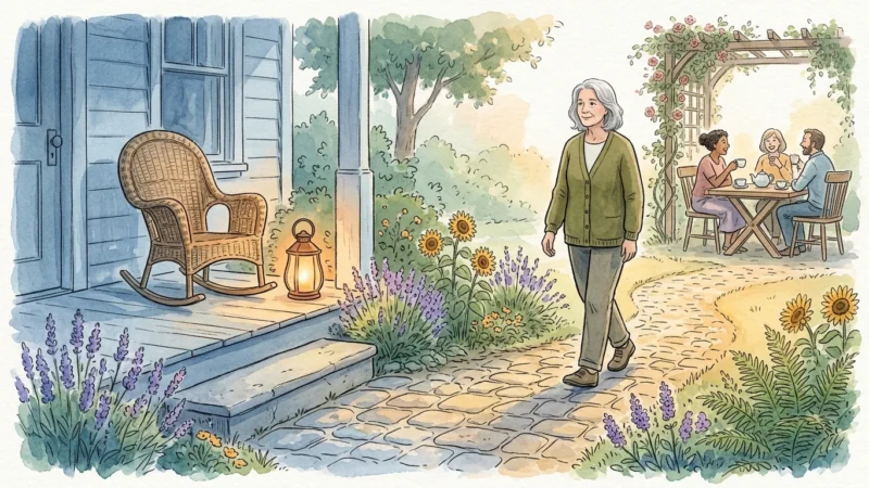 An editorial watercolor illustration of a mature woman walking along a sunlit garden path from a quiet porch toward a small group of friends