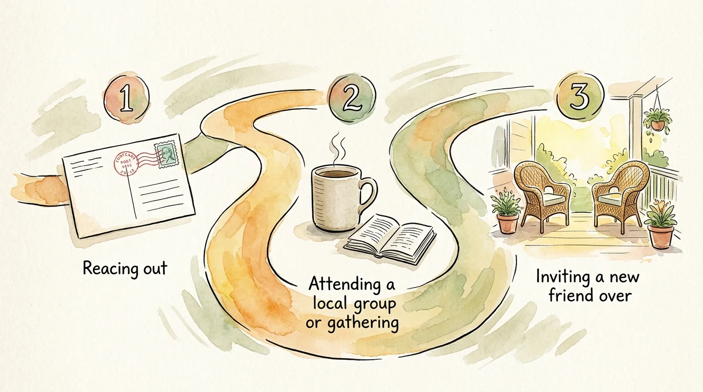 An illustrated watercolor pathway showing three numbered steps: sending a letter, sharing a coffee, and hosting a friend on a porch.