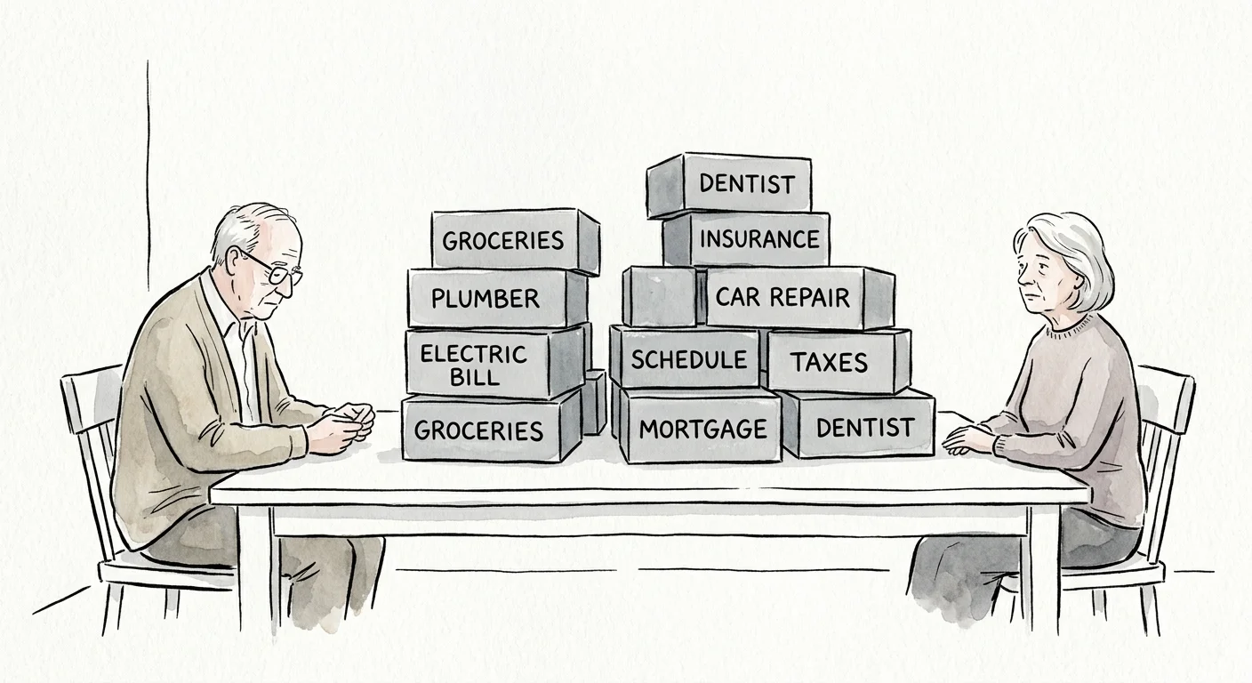 An illustration of a couple separated by stacks of blocks labeled with daily chores, blocking their conversation.
