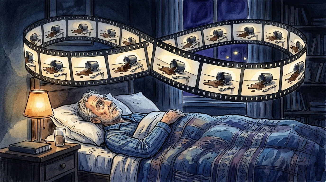 An illustration of a man lying awake in bed with a film loop of a spilled coffee cup repeating above his head.