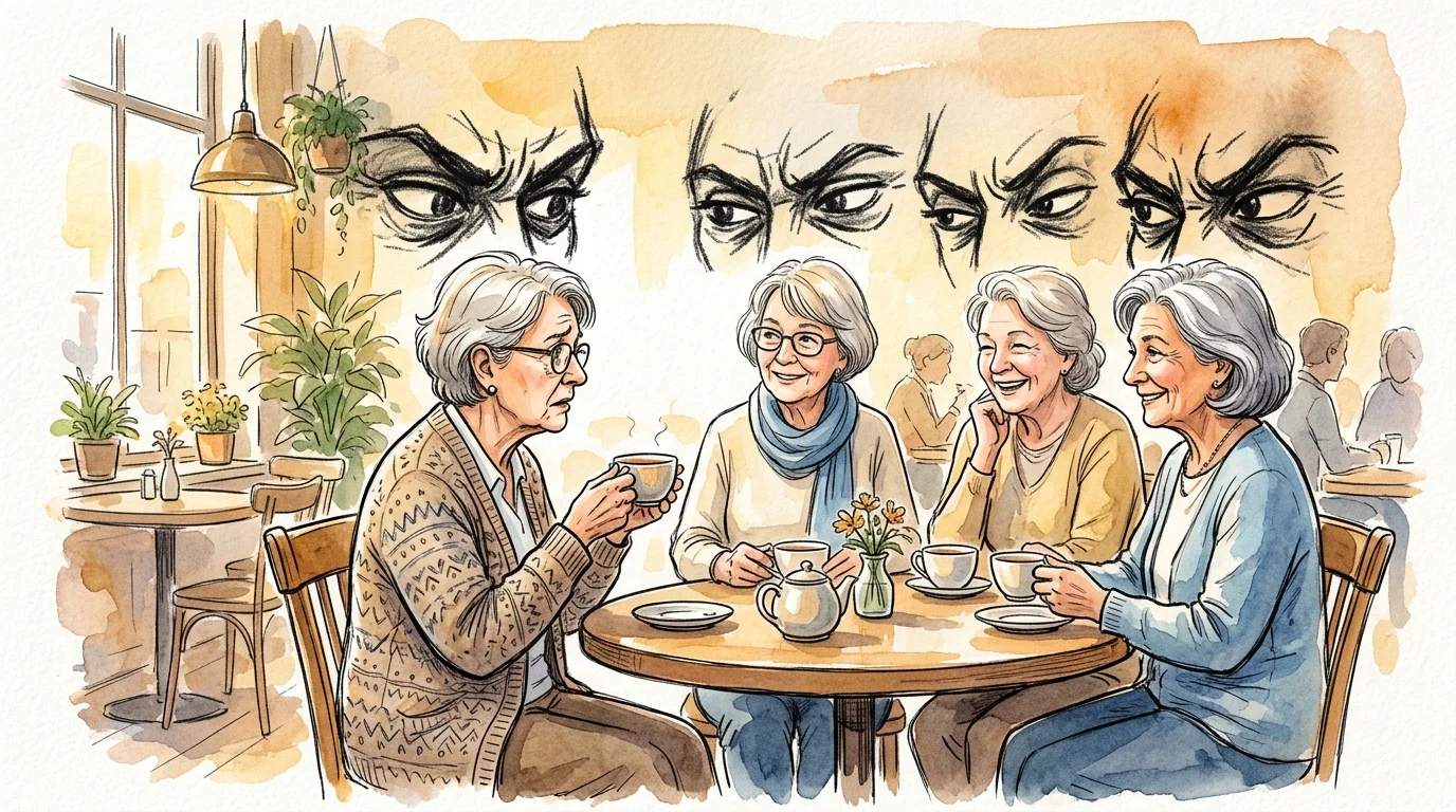 An illustration of a woman at a cafe with friends, imagining giant judgmental eyes hovering over them.