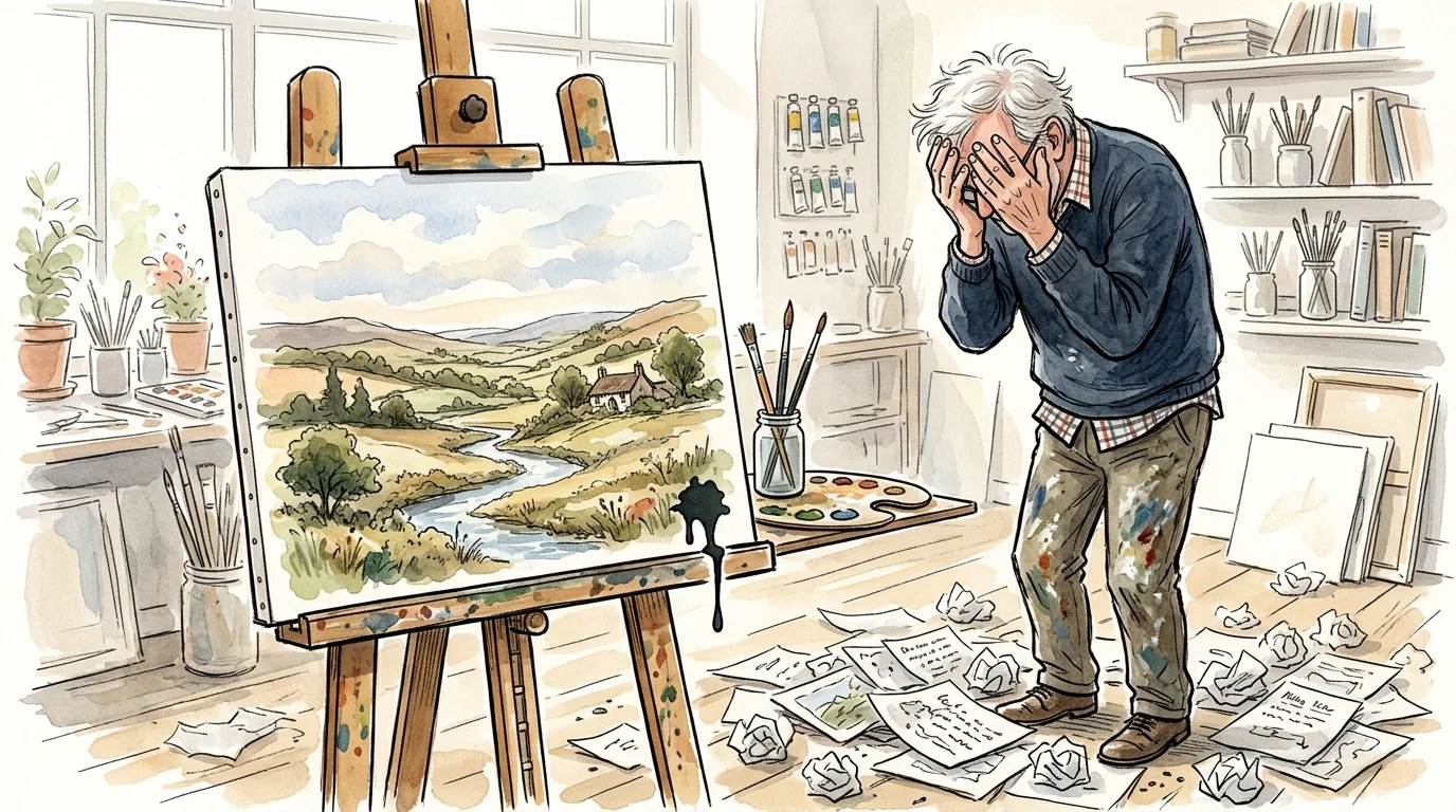 An illustration of an artist looking in despair at a beautiful painting because of one small paint drip.