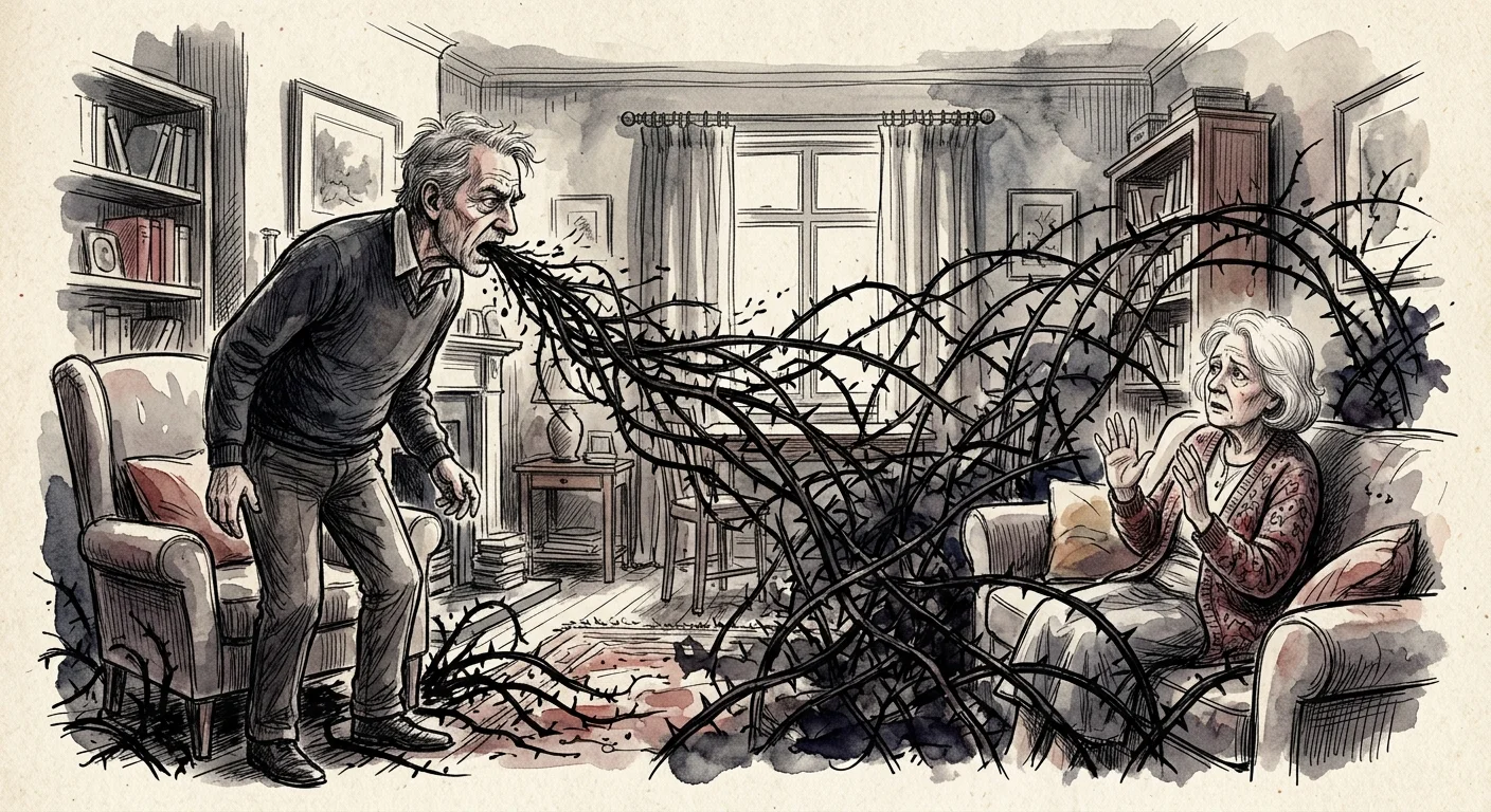 An illustration of defensive words turning into sharp, thorny brambles that separate an older couple.