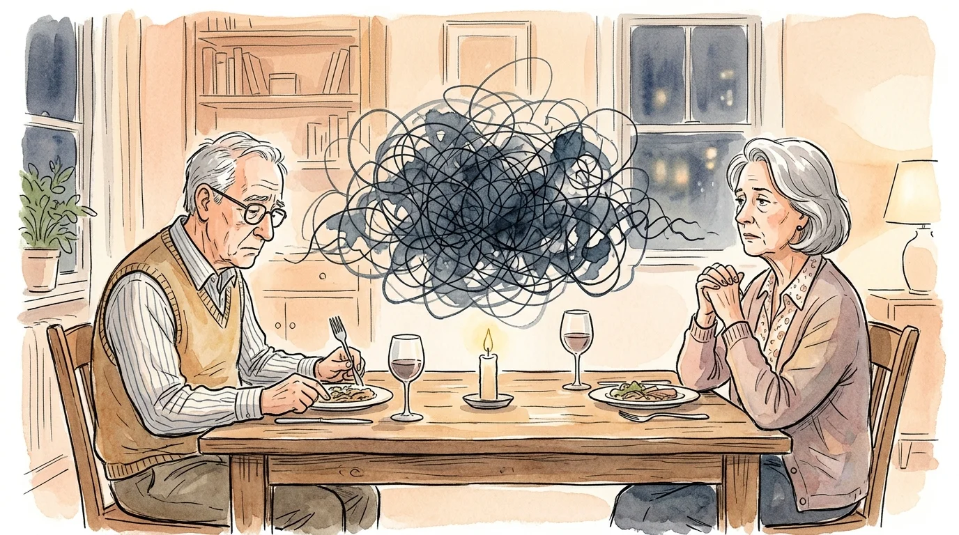 An ink and watercolor illustration of a couple at dinner with a tangled dark thread floating between them.