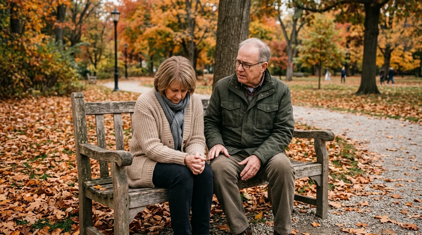 An older couple on a park bench, where the woman looks down apologetically and tense while her partner looks confused.