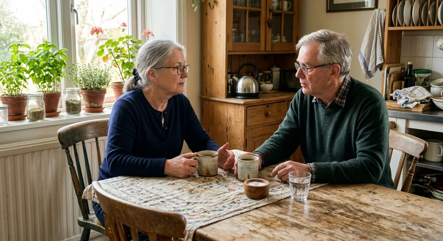 An older couple sitting at a kitchen table, holding mugs and having a calm, serious conversation in warm morning light.