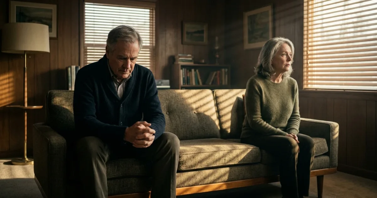 An older couple sitting far apart on a sofa in a dimly lit living room, looking away from each other.