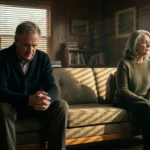 An older couple sitting far apart on a sofa in a dimly lit living room, looking away from each other.