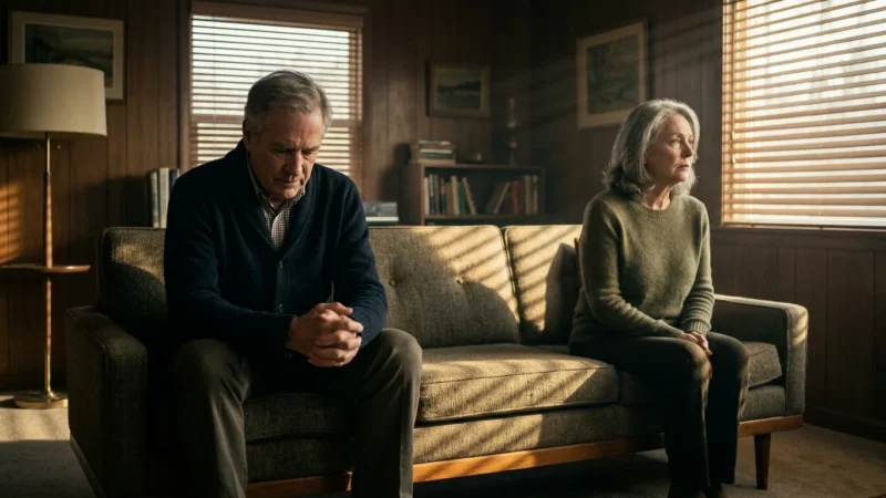 An older couple sitting far apart on a sofa in a dimly lit living room, looking away from each other.