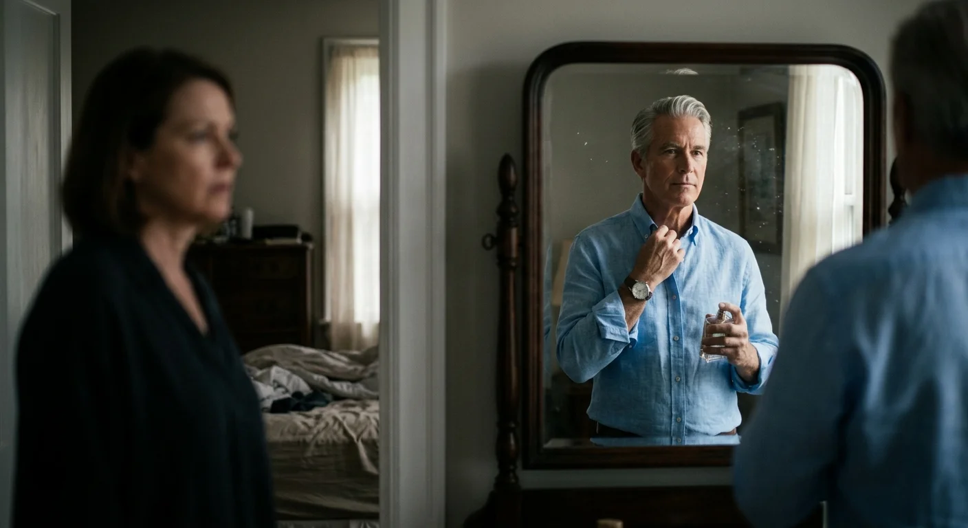 An older man adjusting a new shirt in a bedroom mirror, while his partner watches suspiciously from the doorway.