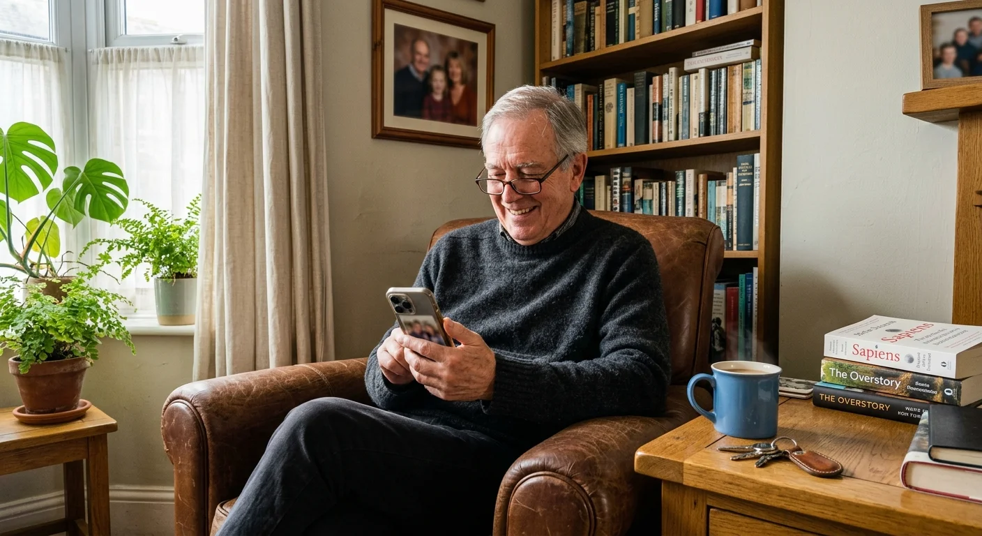 An older man sitting in a cozy, sunlit living room looking at his smartphone with a relaxed, warm smile.