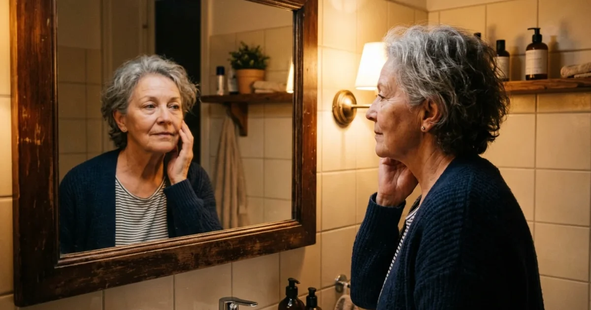 An older woman looks thoughtfully at her reflection in a warm bathroom mirror at night.