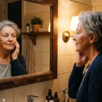 An older woman looks thoughtfully at her reflection in a warm bathroom mirror at night.