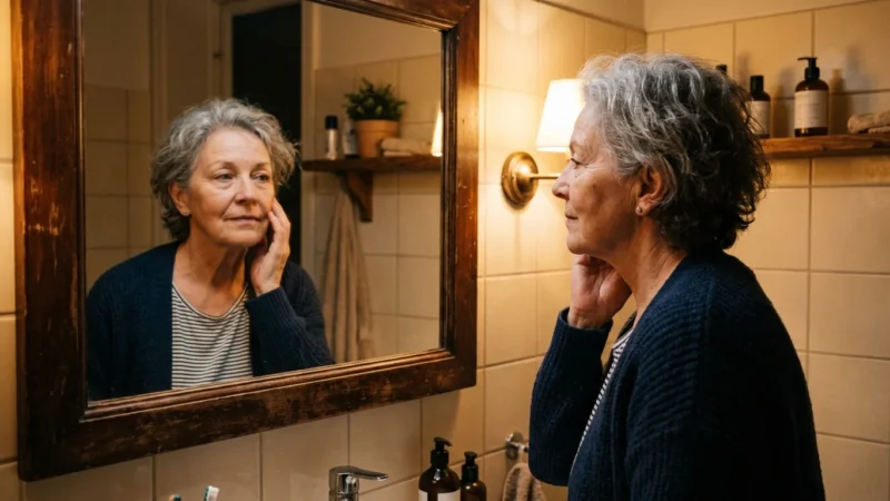 An older woman looks thoughtfully at her reflection in a warm bathroom mirror at night.