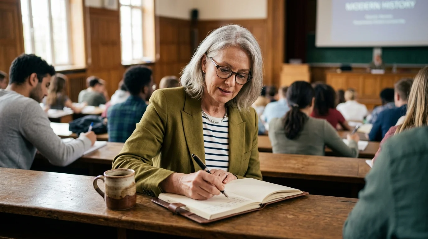 An older woman sitting in a university lecture hall, taking notes in a leather journal while younger students sit in the background.