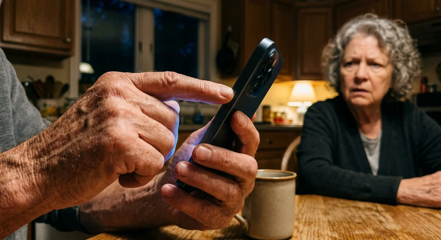 Close-up of weathered hands angling a glowing smartphone screen away, with a worried partner in the soft-focus background.