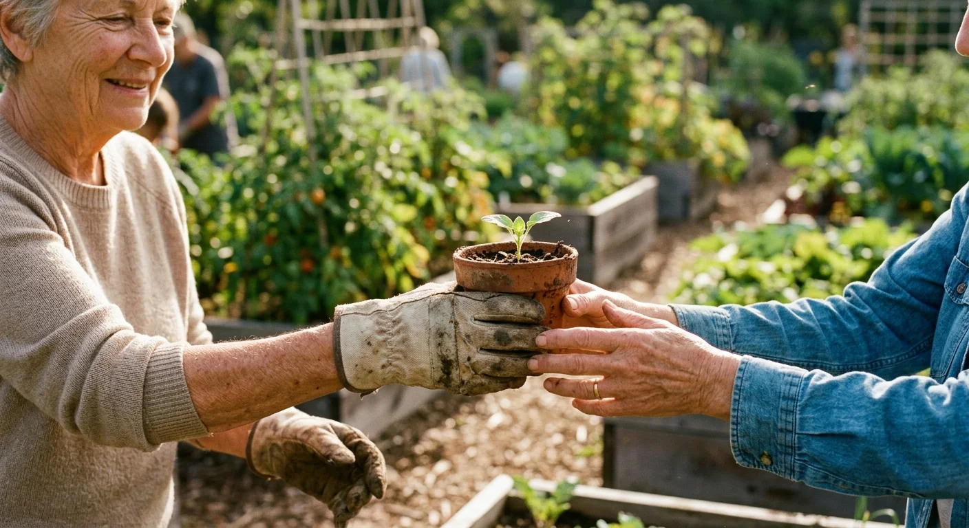 Close-up photograph of an older woman's hands in gardening gloves passing a potted plant sprout to another person in a sunlit community gard