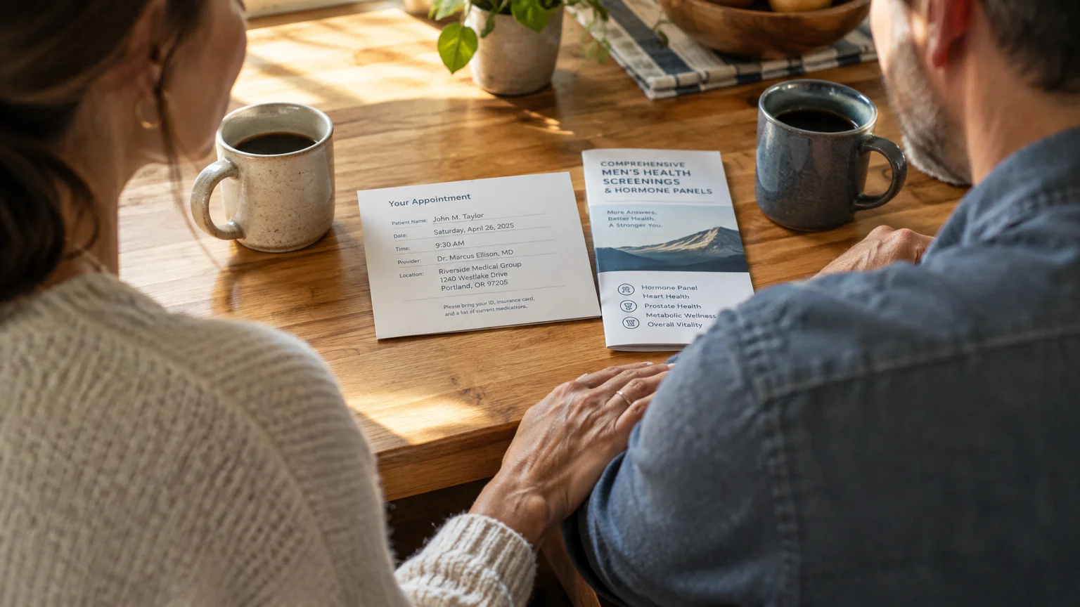A couple sits at a wooden table beside coffee mugs, an appointment card, and a men's health screening brochure.