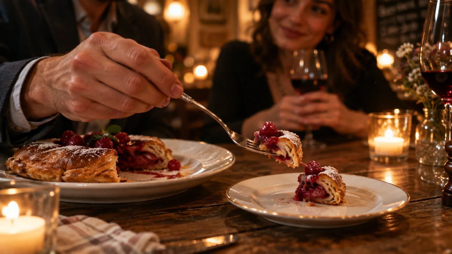 A man extends a fork with a bite of berry pastry across a candlelit table toward a smiling woman holding wine.