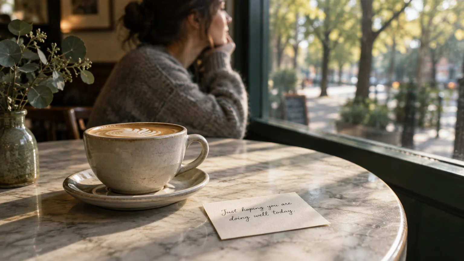 A latte and handwritten note on a cafe table beside a woman looking out a sunny window.