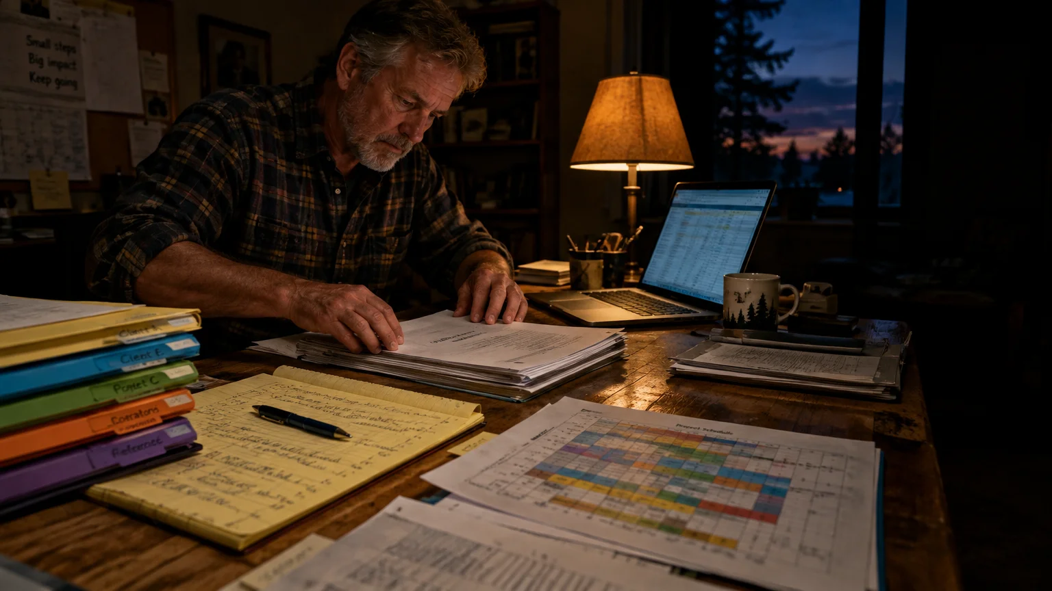 A mature man in a flannel shirt works late at a wooden desk covered in paperwork, spreadsheets, and a laptop.