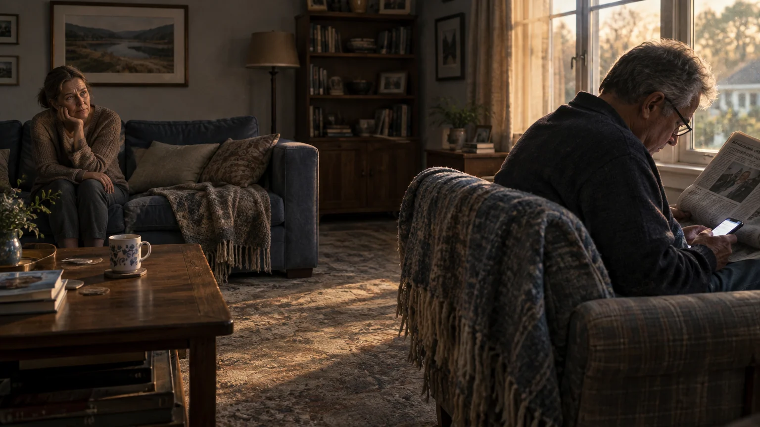 A woman sits alone on a couch watching a man in an armchair who ignores her to look at his phone and newspaper.