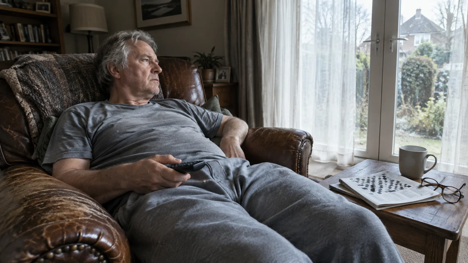 A middle-aged man in grey loungewear sits back in a brown leather armchair holding a TV remote while looking away pensively.