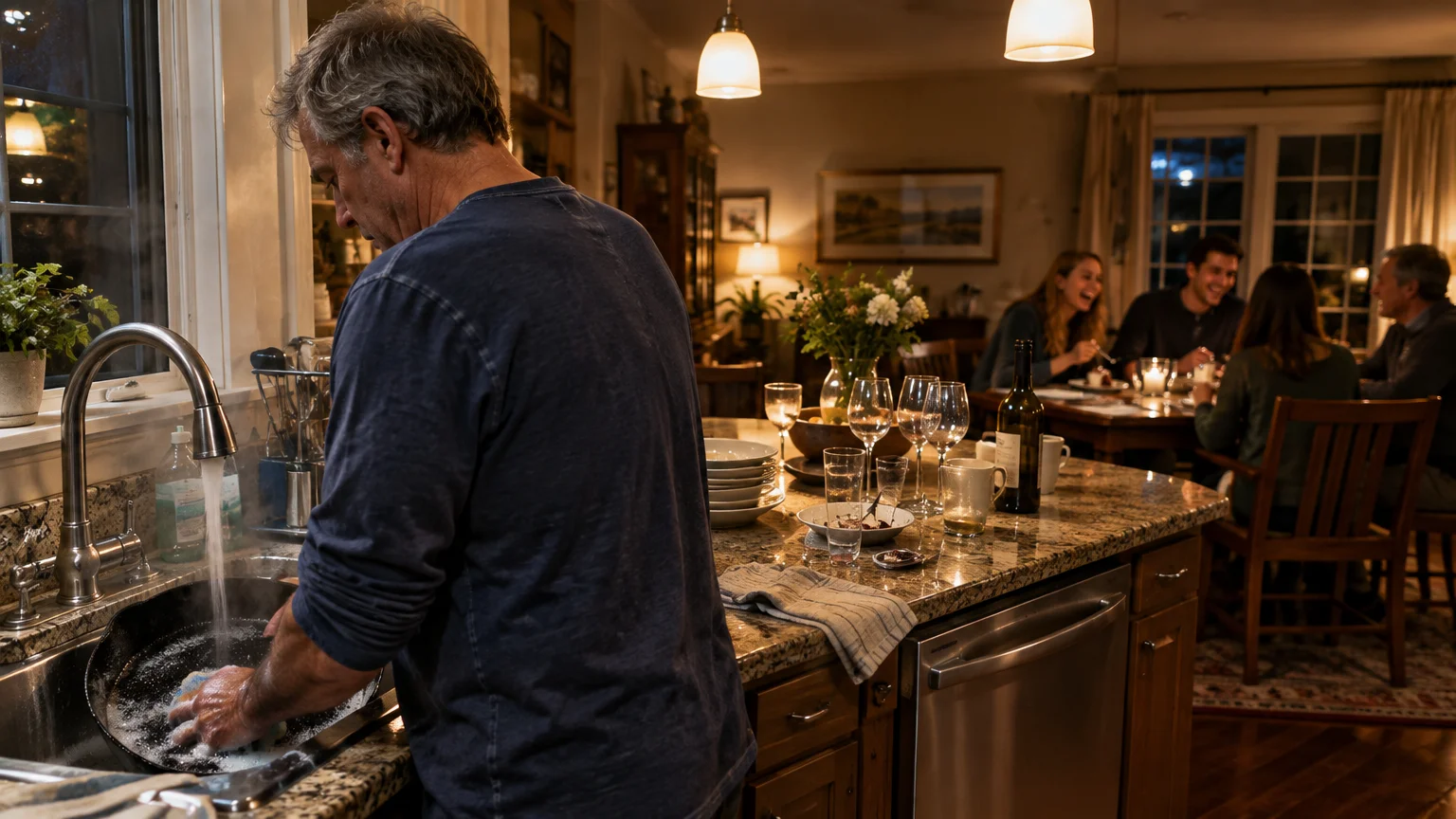 A man washes dishes at a kitchen sink while a group of people laugh together around a dining table in the background.
