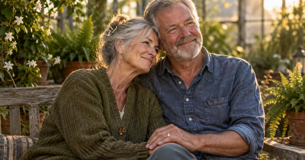 Smiling older couple sitting closely on a wooden bench outdoors surrounded by lush potted plants in warm sunlight.