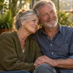 Smiling older couple sitting closely on a wooden bench outdoors surrounded by lush potted plants in warm sunlight.