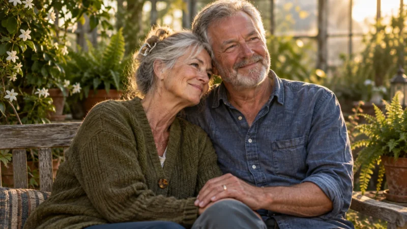 Smiling older couple sitting closely on a wooden bench outdoors surrounded by lush potted plants in warm sunlight.