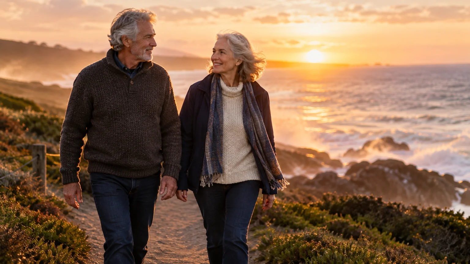 Senior couple walking along a coastal cliff path at sunset, smiling at each other by the ocean waves.