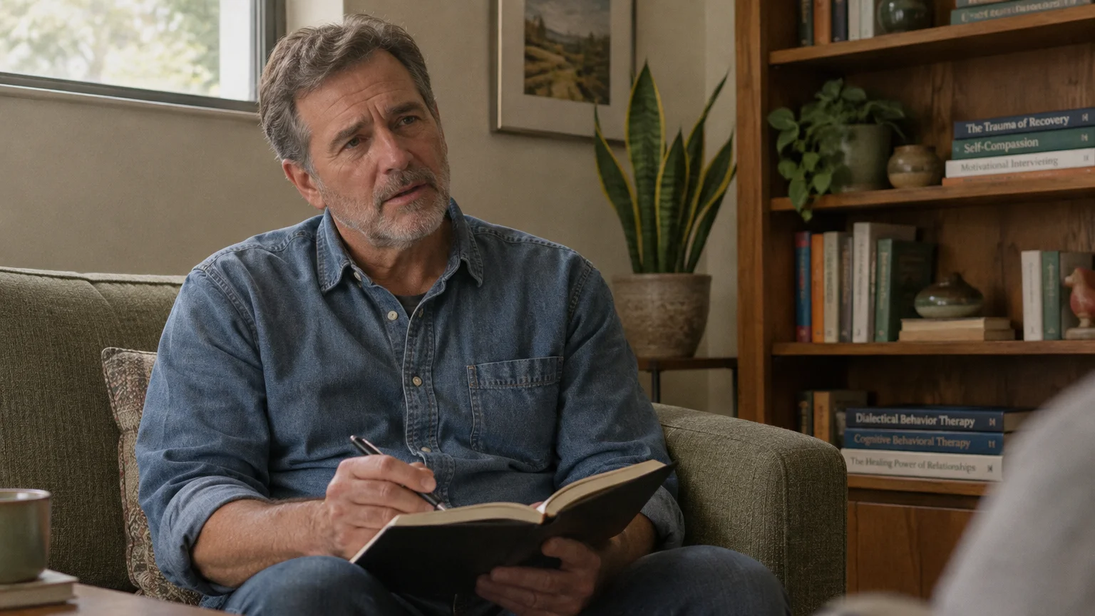 Middle-aged man in a denim shirt sitting on a sofa, holding an open notebook near a bookshelf filled with psychology books.