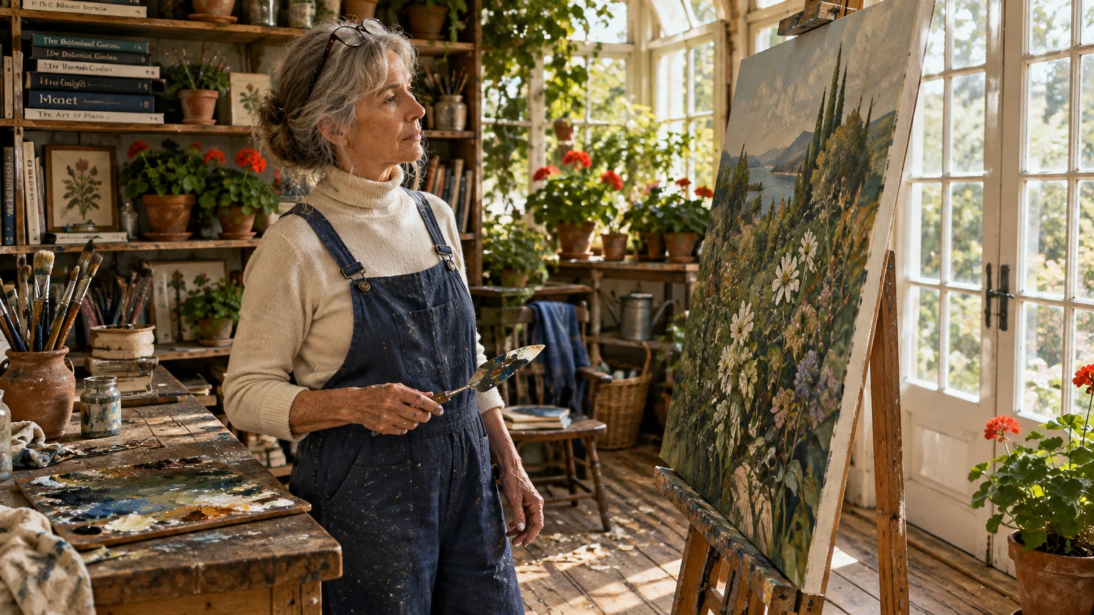 Senior woman in paint-splattered overalls standing before an easel with a landscape painting in a sunlit art studio.