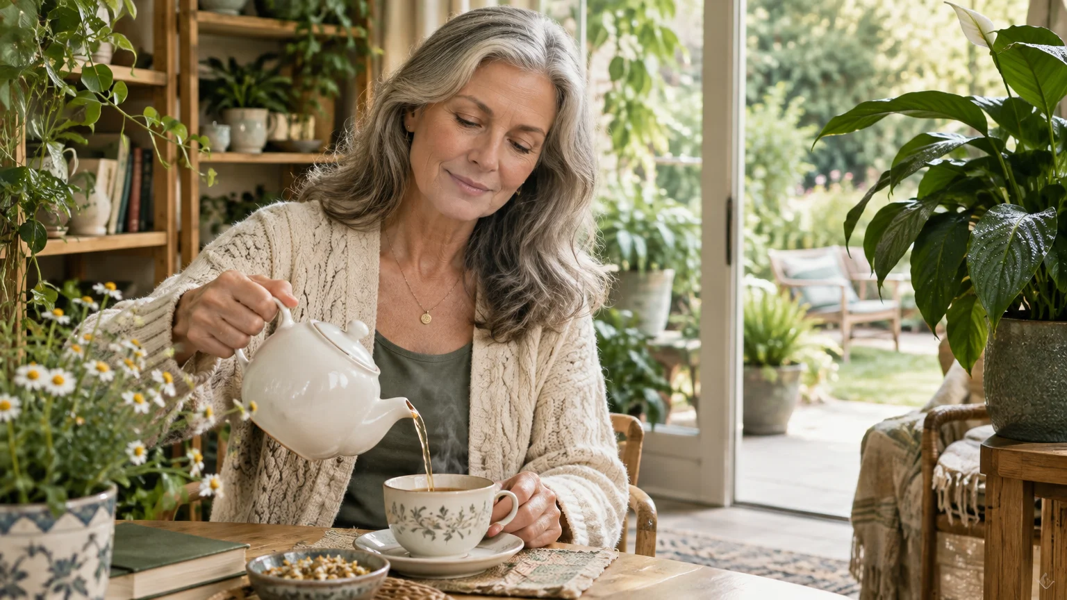 Woman with gray hair pouring hot tea from a white teapot into a cup inside a bright, plant-filled sunroom.
