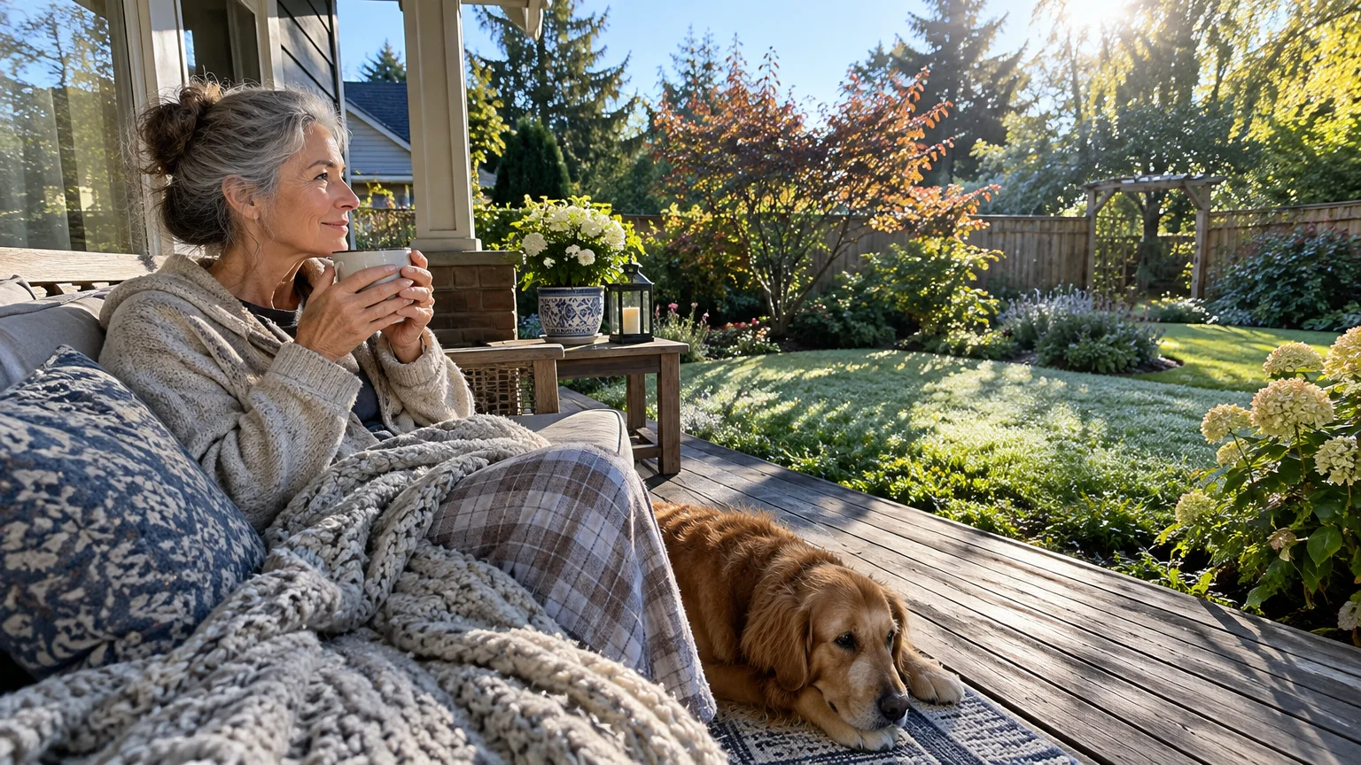 A mature woman drinks from a mug on a porch couch covered in blankets, with a golden retriever lying on the deck.