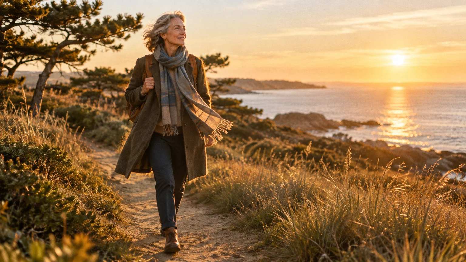 Mature woman with a scarf and coat walking along a coastal path during a golden sunset over the sea.
